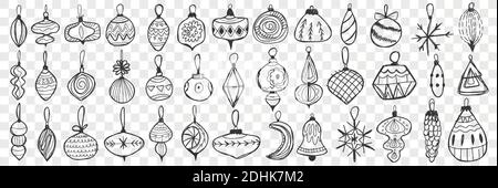 Set di giocattoli in vetro e palline. Collezione di giocattoli decorativi disegnati a mano e palline per la decorazione dell'albero di Natale isolati su sfondo trasparente. Illustrazione di decorazioni in vetro con appendiabiti Illustrazione Vettoriale