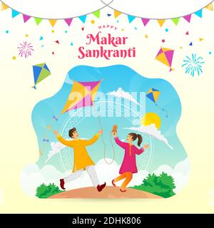 Happy Makar Sankranti biglietto d'auguri. Ragazzo e ragazza indiani che giocano kite festeggiando Makar Sankranti festival Illustrazione Vettoriale