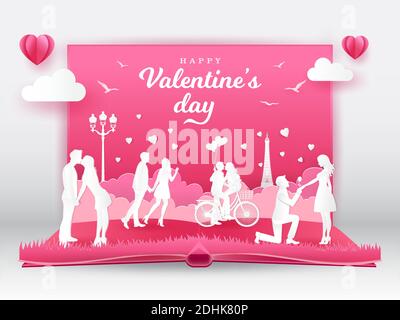 Biglietto d'auguri per San Valentino con coppie romantiche innamorate. Libro a comparsa digitale 3D con illustrazione vettoriale dello stile di taglio della carta Illustrazione Vettoriale