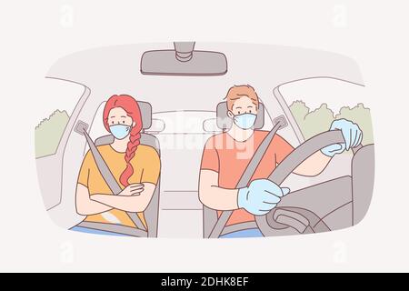 Viaggiare, in taxi, indossare la maschera durante la pandemia COVID-19 Illustrazione Vettoriale