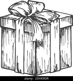 Confezione regalo regalo di Natale quadrata disegnata a mano con illustrazione vettoriale a nastro. Schizzo astratto. Disegno di stile di incisione delle vacanze invernali. Isolato Illustrazione Vettoriale