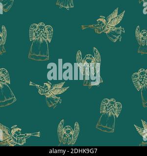 Modello di sfondo senza giunture di Christmas Vector disegnato a mano. Angeli schizzi scheda o modello di copertina. Carta da parati dorata con glitter per le feste Illustrazione Vettoriale