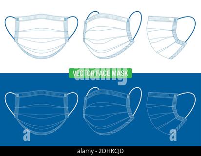 Disegno a linee delle maschere mediche per il viso in diversi angoli di visualizzazione. Modello vettoriale di maschere di protezione antivirus, di fronte, tre quarti, e viste laterali, isolati su bianco. Illustrazione Vettoriale