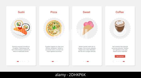 Fast food cafè con pizza sushi gelato e caffè illustrazione vettoriale. UX, UI onboarding mobile app page screen set con linea di prodotti da asporto per caffetteria, pizzeria, pasticceria ristorante menu Illustrazione Vettoriale