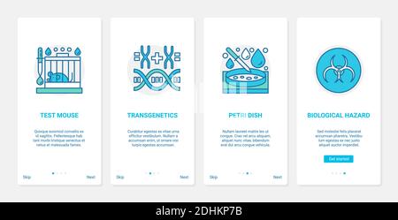 Esperimento di test scientifico con topo, capsula di Petri, illustrazione vettoriale di patogeno a rischio biologico. UX, UI onboarding mobile app page screen set con ricerca scientifica di linea sperimentale in microbiologia e genetica Illustrazione Vettoriale