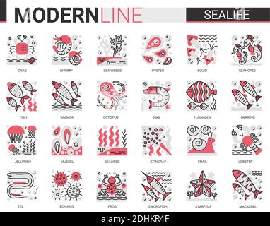 Simboli di concetto mini linea piatta Sealife. Rosso nero infografica design est ristorante SEA LIFE icone moderne set. Illustrazione Vettoriale