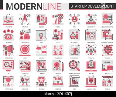 Tecnologia di sviluppo per startup aziendali complessa serie di illustrazioni vettoriali con icone piatte rosse nere. Strategia aziendale di successo per l'avvio di nuovi simboli di progetto che sviluppano la ricerca sulle idee per l'innovazione Illustrazione Vettoriale