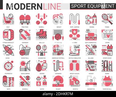 Sport attrezzature fitness complesso rosso nero linea piatta icona vettore illustrazione set. Attrezzatura sportiva per simboli sportivi con abbigliamento sportivo, palestra, partita di baseball di football badminton. Illustrazione Vettoriale