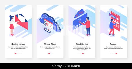 Illustrazione vettoriale del supporto dei servizi cloud. UX, UI onboarding mobile app page set con linea digitale di archiviazione virtuale di file e-mail, dati personali, moderna tecnologia di rete di servizi Illustrazione Vettoriale