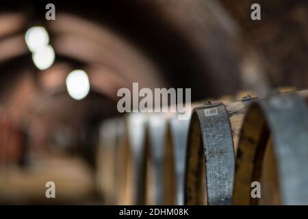 botti di legno in vecchia cantina Foto Stock