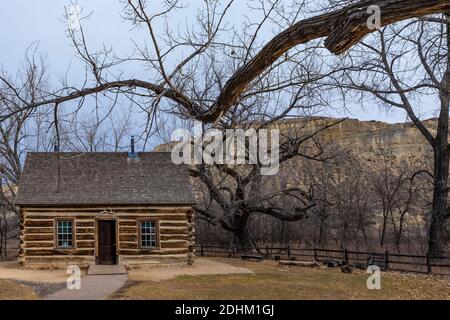 La cabina della Croce di Malta, dove Theodore Roosevelt si è ripreso dalle tragedie della sua vita, nel Parco Nazionale di Theodore Roosevelt vicino a Medora, North Dakota, Foto Stock