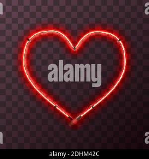Cornice al neon rosso brillante a forma di cuore, sagoma su trasparente Illustrazione Vettoriale