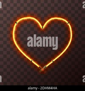 Cornice al neon a forma di cuore giallo brillante e arancione, sagoma su trasparente Illustrazione Vettoriale
