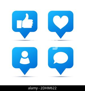 Set di icone blu brillante alla moda per i social network. Mi piace, amici e commenti piktogram su bianco Illustrazione Vettoriale