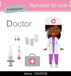 Alfabeto per bambini. Carino carattere chibi ragazza in tuta medica. Farmaceutico medico, grande insieme di prodotti medici. Illustrazione vettoriale Foto Stock