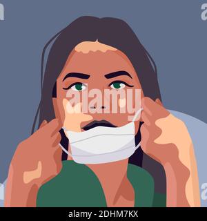 Donna vitiligina con maschera su sfondo grigio. Diversità delle persone per banner o propaganda sociale, promozione dell'igiene, poster medico. Logo del negozio chimico o io Illustrazione Vettoriale