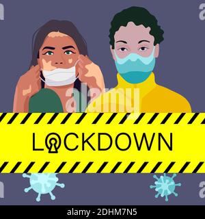 Persone vitiligine in maschere su sfondo grigio. Lockdown poster per banner o propaganda sociale, promozione igiene, poster medico. Logo del negozio chimico o in Illustrazione Vettoriale