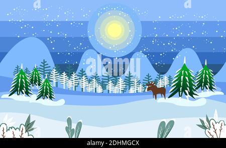 Paesaggio invernale notturno con campi innevati, colline e luna piena. Sfondo di Natale. Illustrazione Vettoriale