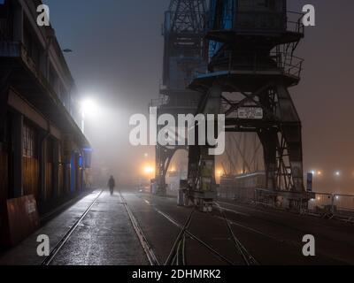 Le vecchie gru portuali sono avvolte nella nebbia all'esterno del museo M Shed in una notte nebbiosa sul porto galleggiante di Bristol. Foto Stock