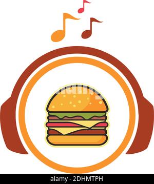 burger con musica cuffie icona flat logo concetto di design vettoriale Illustrazione Vettoriale