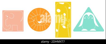 Bambini semplici forme geometriche con animali Elefante, leone, giraffe, pinguino in piazza, cerchio, rettangolo, triangolo Doodle scandinavo stile illustrazione vettoriale Illustrazione Vettoriale