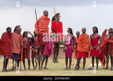 I Maasai preformano la tradizionale danza jumping in un villaggio Maasai a Maasai Mara, Kenya. Foto Stock