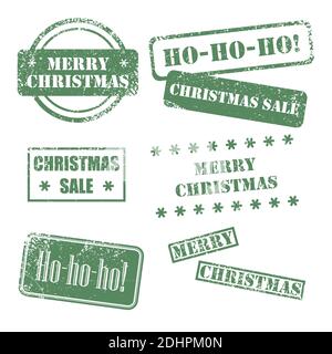Set di francobolli grunge con testo Merry Christmas scritto all'interno del francobollo. Francobolli vettoriali di Natale su sfondo bianco Illustrazione Vettoriale