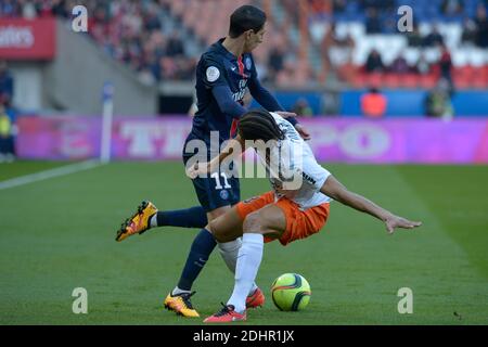 Angel di Maria del PSG ha combattuto contro Daniel Congre di Montpellier durante la prima partita di calcio della Francia, Parigi-St-Germain contro Montpellier, a Parc des Princes, Parigi, Francia, il 5 marzo 2016. PSG e Montpellier hanno disegnato 0-0. Foto di Henri Szwarc/ABACAPRESS.COM Foto Stock