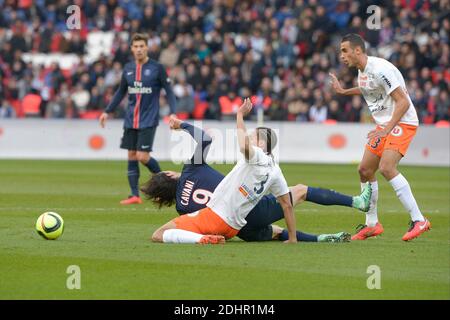 Edinson Cavani della PSG ha combattuto contro Daniel Congre della Montpellier durante la prima partita di calcio della Francia, Parigi-St-Germain contro Montpellier, a Parc des Princes, Parigi, Francia, il 5 marzo 2016. PSG e Montpellier hanno disegnato 0-0. Foto di Henri Szwarc/ABACAPRESS.COM Foto Stock