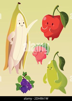 frutta kawaii divertente faccia felicità banana mela pera uva fragola illustrazione vettoriale Illustrazione Vettoriale
