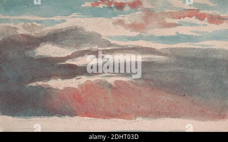 Sky Study, No. 2, attribuito a Thomas Lindsay, 1793–1861, inglese, non satinato, acquerello su grafite media, leggermente testurizzata, carta di wove crema, foglio: 2 5/8 × 4 1/4 pollici (6.7 × 10.8 cm), blu, nuvole, panorama, rosso, cielo Foto Stock