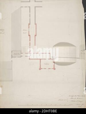 Piano per l'ingresso a Hinton St. George, John Kempshead, attivo 1808, 1812, grafite, penna e inchiostro nero, acquerello, penna e inchiostro marrone su carta moderatamente testurizzata, moderatamente spessa, crema posata scala barra di carta da 1/10 pollici a 1 piede, foglio: 22 13/16 × 18 3/8 pollici (57.9 × 46.7 cm), soggetto architettonico, piano, Inghilterra, Europa, Hinton St George, Somerset, Regno Unito Foto Stock