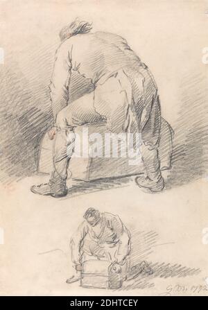 Un uomo che solleva un tronco, due studi su un foglio, George Morland, 1763–1804, British, 1792, grafite, gesso nero e gesso rosso su carta media, leggermente testurizzata, in wove crema, foglio: 11 5/16 x 8 1/16in. (28.7 x 20,5 cm) e foglio: 11 1/4 × 8 pollici (28.6 × 20.3 cm), petto, studio di figura, figure (rappresentazioni), uomini, casse a capriate Foto Stock