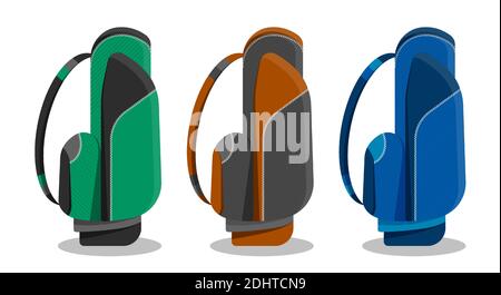 set di borse sportive per mazze da golf e palle. Attrezzatura sportiva per golfisti. Stile di vita sano. Vettore in stile piatto Illustrazione Vettoriale