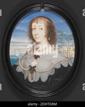 Regina Henrietta Maria, 1609-1669, David Des Granges, ca. 1611–in o prima del 1672, British, in precedenza attribuito a John Hoskins, ca. 1590–1665, inglese, dopo Anthony van Dyck, 1599–1641, fiammingo, attivo in Gran Bretagna (1620–21; 1632–34; 1635–41), dopo il 1636, Gouache su vellum posato su carta gesso-backed, foglio: 3 3/8 x 2 5/8 pollici (8.6 x 6.7 cm) e cornice: 3 7/8 x 3 3/8 x 1/2 pollici (9.8 x 8.6 x 1.3 cm), costume, gioielli, merletto, signora, ovale, perle, ritratto, regina (persona), re, albero, donna Foto Stock
