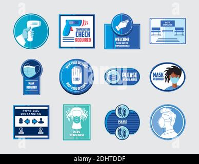 prevenzione della covid 19, misure di sicurezza e precauzioni segnali di avvertimento, set icone illustrazione vettoriale Illustrazione Vettoriale