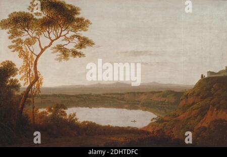 Lago Albano, Giuseppe Wright di Derby, 1734–1797, britannico, attivo in Italia (1773–75), da 1790 a 1792, olio su tela, supporto (PTG): 14 1/4 x 21 1/2 pollici (36.2 x 54.6 cm), scogliere, Grand Tour, italiano, lago, paesaggio, mattina, battello a remi, acqua, Albano, Lago, Castel Gandolfo, Italia, Lazio, Roma Foto Stock