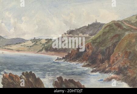 Bray Head and the F (cut-off), James Arthur o'Connor, 1792–1841, irlandese, non satinato, Watercolo, grafite, gouache, graffiando su medio, leggermente testurizzato, crema, carta di wove, foglio: 7 × 11 pollici (17.8 × 27.9 cm), scogliere, paesaggio, rocce (forme di terra), mare Foto Stock