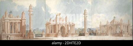 Design per Hyde Park e St. James's Park Entrance, Sir John Soane, 1753–1837, British, ca. 1826, acquerello e grafite su tre fogli Uniti di carta di wove crema di spessore moderato, moderatamente testurizzata, foglio: 15 3/4 × 50 1/4 pollici (40 × 127.6 cm), archi, soggetto architettonico, Revival classico, colonne (elementi architettonici), Corinzi, statue equestri, escutcheon (stemmi), festoni, fregi (componenti di entablature), cancelli, cavalli (animali), sculture, statue, alberi, archi trionfali, unicorni, Inghilterra, Grande Londra, Hyde Park, London, St. James's Park Foto Stock