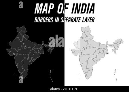 Mappa dettagliata dell'India con i confini. Vettore in bianco e nero Illustrazione Vettoriale