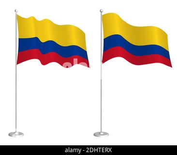 Bandiera della Colombia su flagpole che ondolano nel vento. Elemento di design per le vacanze. Punto di verifica per i simboli della mappa. Vettore isolato su sfondo bianco Illustrazione Vettoriale