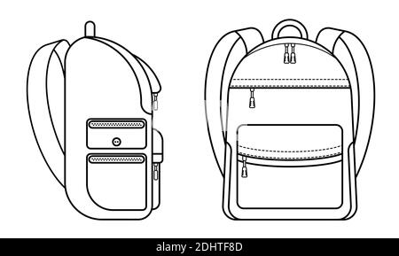 icone di zaino scolastico. Vista laterale e frontale. 1 settembre, inizio dell'anno scolastico a scuola. Vettore degli accessori per studenti su sfondo bianco Illustrazione Vettoriale