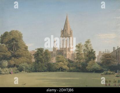 Vista dal Giardino del Decano, Christ Church, Oxford, William Turner of Oxford, 1789–1862, inglese, non datato, acquerello su carta di wove crema di spessore moderato, liscia, foglio: 10 3/4 x 14 3/4 pollici (27.3 x 37.5 cm), soggetto architettonico, uccelli, chiesa, campo, giardino, paesaggio, tempo libero, sole, alberi, passeggiate, donne, Christ Church Cathedral, Inghilterra, Europa, Oxford, Oxfordshire, Regno Unito, Università di Oxford Foto Stock