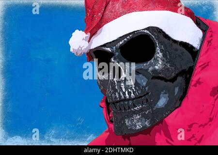 Cranio disegnato a immagine di un malvagio Babbo Natale su sfondo blu Foto Stock