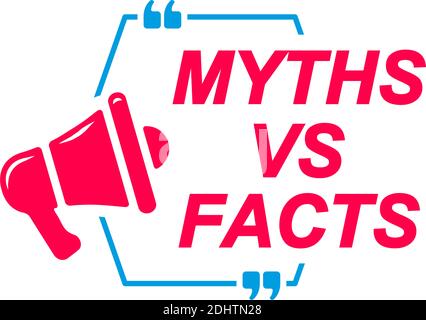 Etichette Myths vs Facts. Bolle vocali con icona megafono. Adesivo pubblicitario e di marketing. Illustrazione Vettoriale