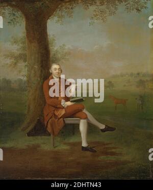 Probabilmente John Trevor, terzo barone Trevor, di St. Anne's Hill, Surrey, e Trevalyn Hall, Denbighshire (ex T. Travers, Esq.), Arthur Devis, 1712–1787, British, 1763, Oil on Canvas, Support (PTG): 30 1/8 x 25 pollici (76.5 x 63.5 cm), animali, barone, libro, fibbie, sedia, casa di campagna, campi (terreno agricolo), giardino, georgiano, colline, cavalli (animali), uomo, ritratto, lettura, rurale, calze Foto Stock