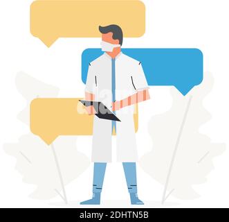 Consultazione online attraverso l'applicazione sanitaria. Il medico si trova di fronte a una grande bolla del parlato. Illustrazione Vettoriale