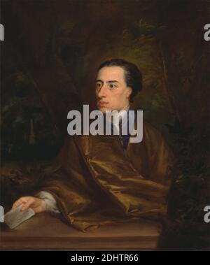 Alexander Pope, Jonathan Richardson il Vecchio, 1667–1745, britannico, 1738, olio su tela, supporto (PTG): 39 x 33 pollici (99.1 x 83.8 cm), costume, foresta, paesaggio, lettera, uomo, manoscritto, obelisco, carta, poeta, ritratto Foto Stock