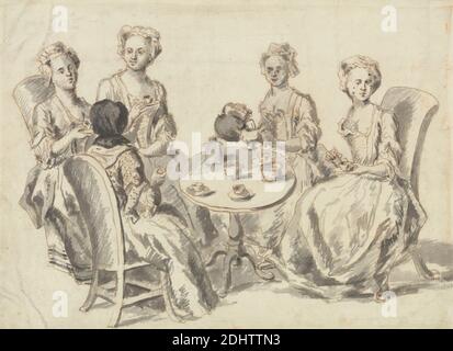 The Tea Party, artista sconosciuto, XVIII secolo, non satinato, inchiostro penna e marrone e lavaggio grigio su carta media, leggermente testurizzata, crema di carta, foglio: 7 1/2 × 10 1/8 pollici (19.1 × 25.7 cm Foto Stock