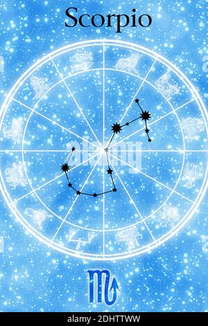 Carta con simbolo, nome e costellazione del segno zodiacale dello Scorpione Foto Stock